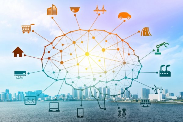 City with logistics network diagram overlay